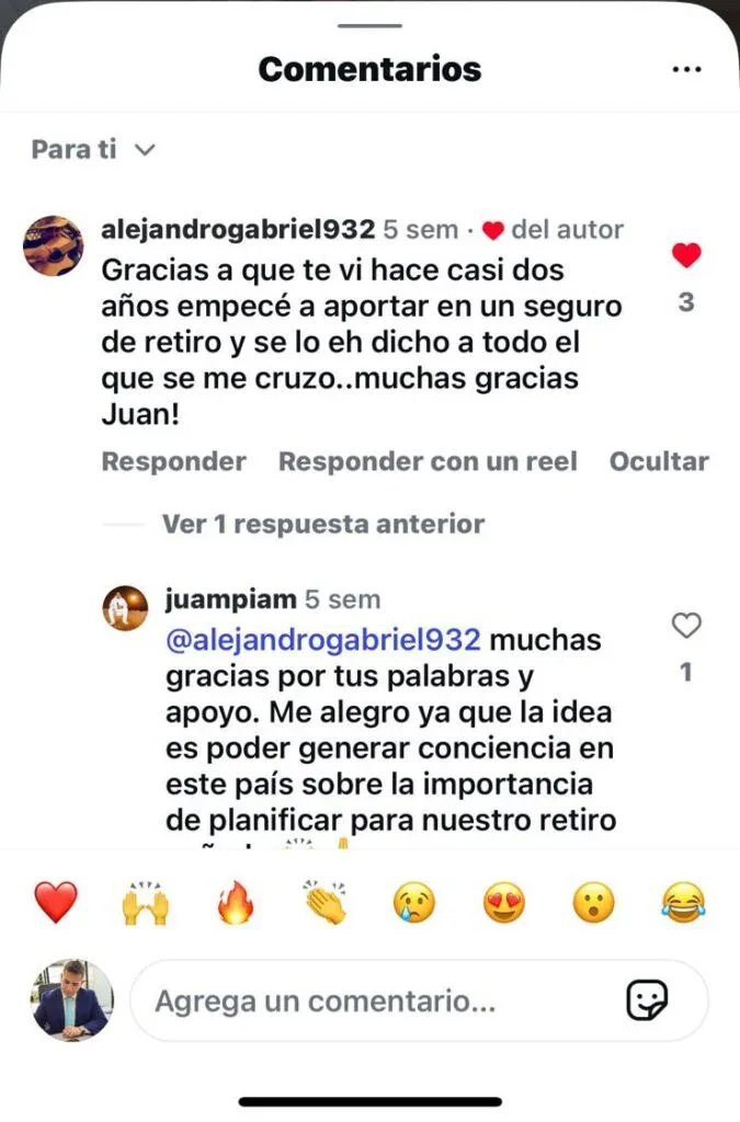 Comentario de cliente en Instagram sobre Juan Pablo Araoz