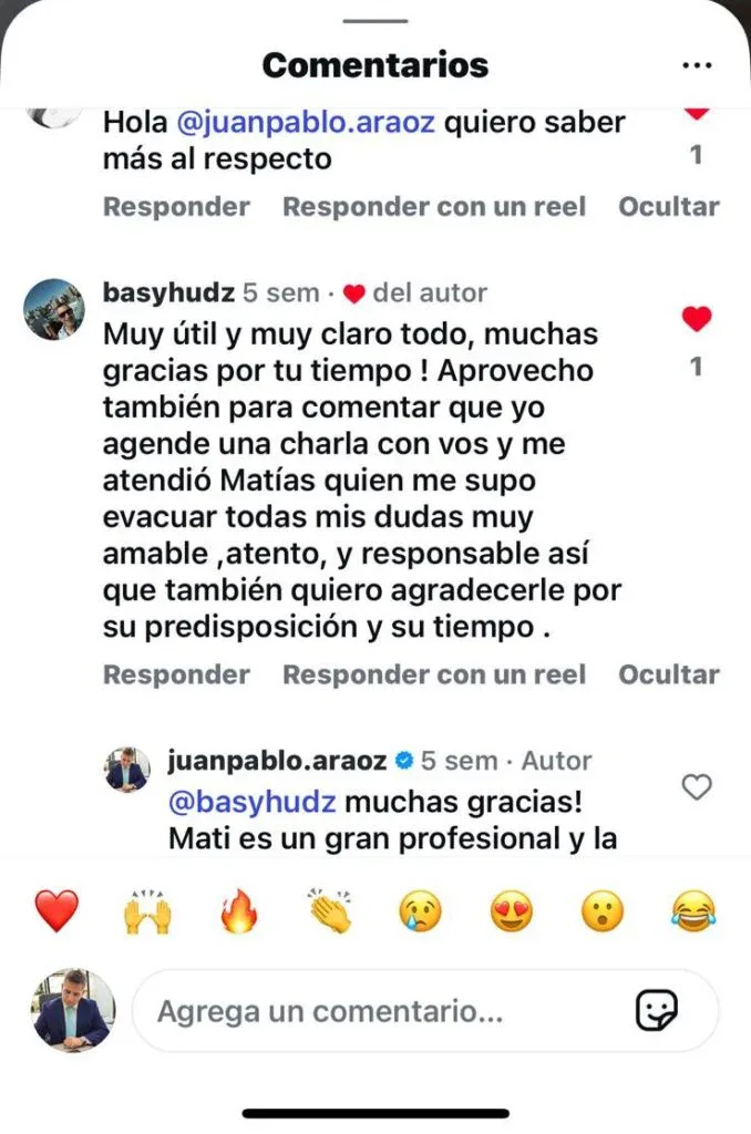 Comentario de cliente en Instagram sobre Juan Pablo Araoz